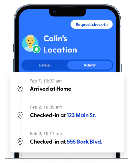 Bark app screenshot showing a child's location history with check-ins at home, 123 Main St., and 555 Bark Blvd.