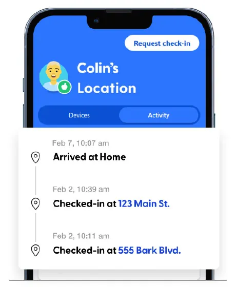 Bark app screenshot showing a child's location history with check-ins at home, 123 Main St., and 555 Bark Blvd.
