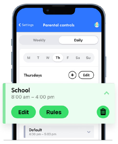 Bark app screenshot showing daily parental controls with a Thursday schedule and a 'School 8:00 AM – 4:00 PM' rule.