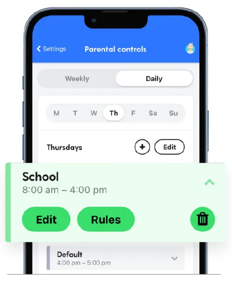 Bark app screenshot showing daily parental controls with a Thursday schedule and a 'School 8:00 AM – 4:00 PM' rule.
