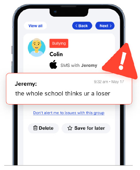 Bark app screenshot showing a flagged bullying alert in a text conversation with a recommended action.