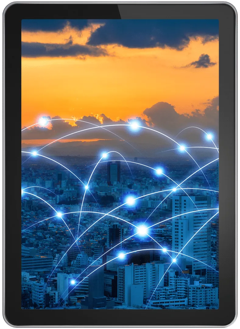 SumoFiber Internet Failover dashboard visualizing secure network links between multi-site business locations across a Utah cityscape on a tablet display