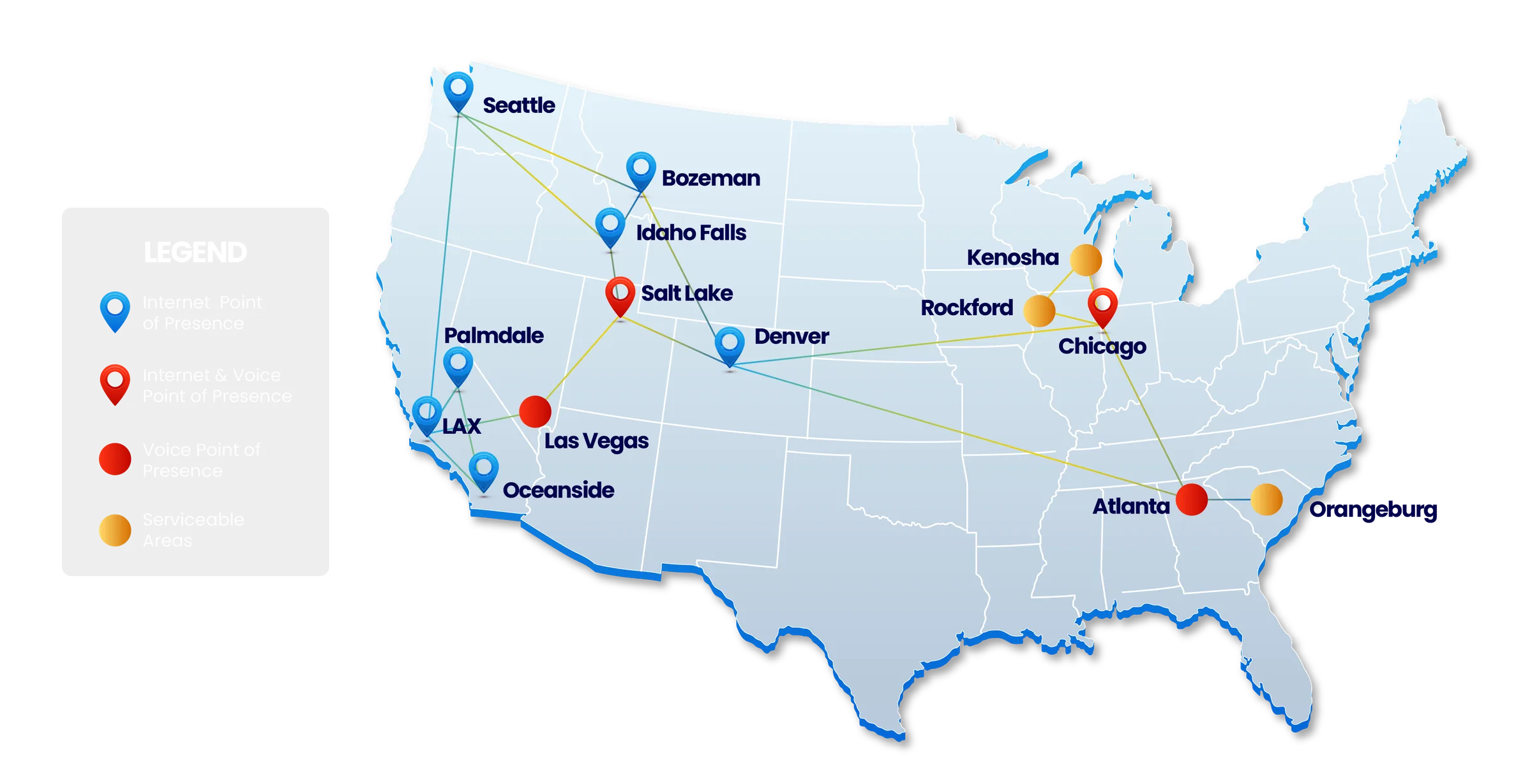SumoFiber network map showing 13 internet and voice points of presence and serviceable areas across 7 states.