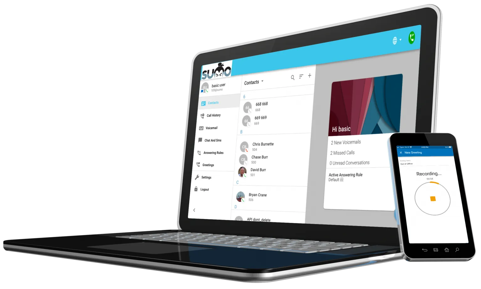 SumoFiber Hosted PBX running on a laptop admin console and a mobile voice app simultaneously