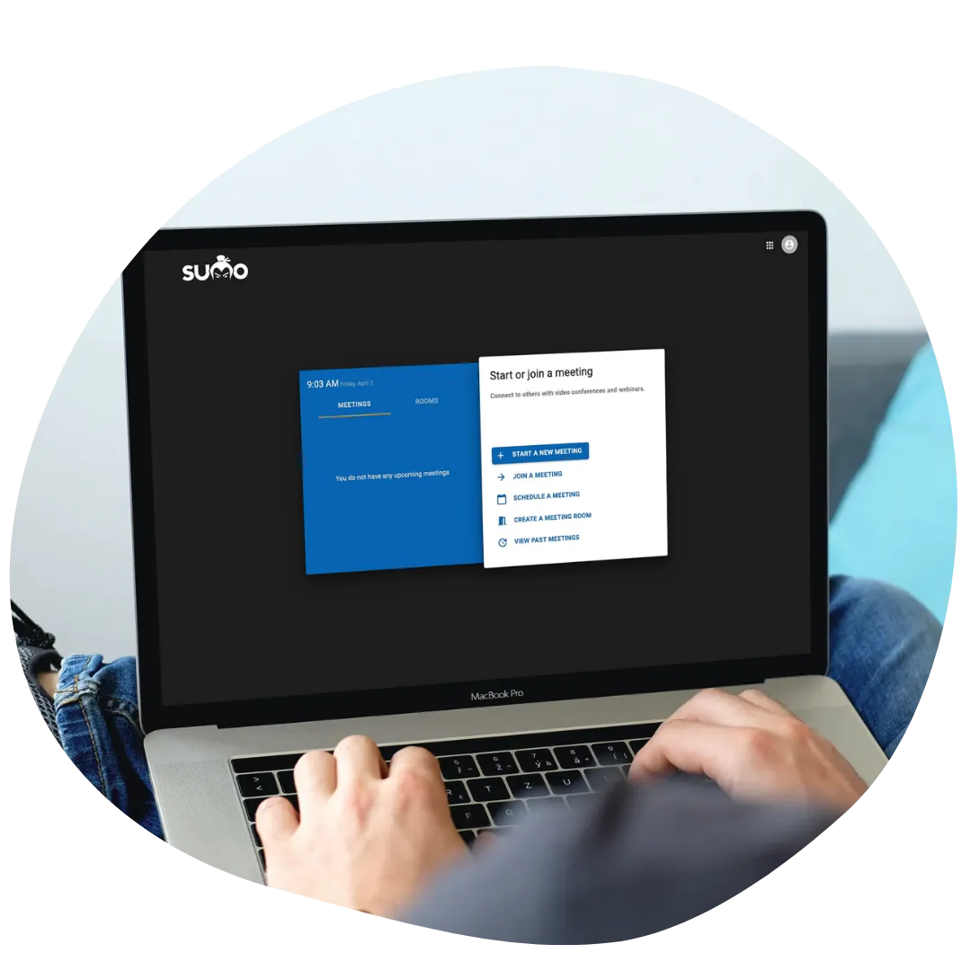 Illustration of a SumoFiber Video Conferencing meeting being started from a laptop with a single click