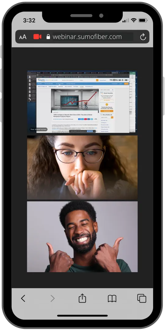 Illustration of a distributed team collaborating in a SumoFiber Video Conferencing meeting on a smartphone